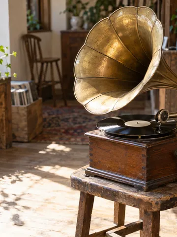 明るい日差しの中の、ラッパ付き蓄音機とレコード