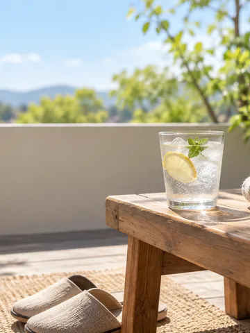 日なたのベンチに置かれた氷入りの炭酸水とブランケット