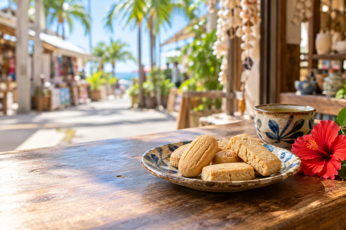 市場の店先で焼き菓子ちんすこうが器に盛られている様子