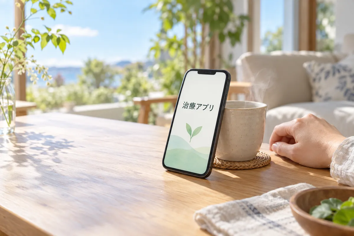 「治療アプリ」と表示されたスマホと白湯