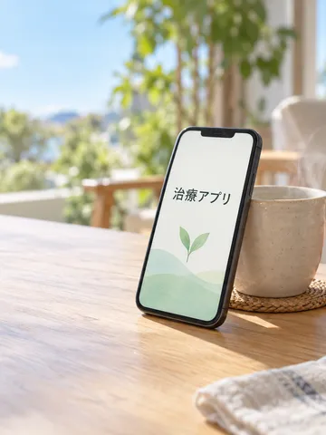「治療アプリ」と表示されたスマホと白湯