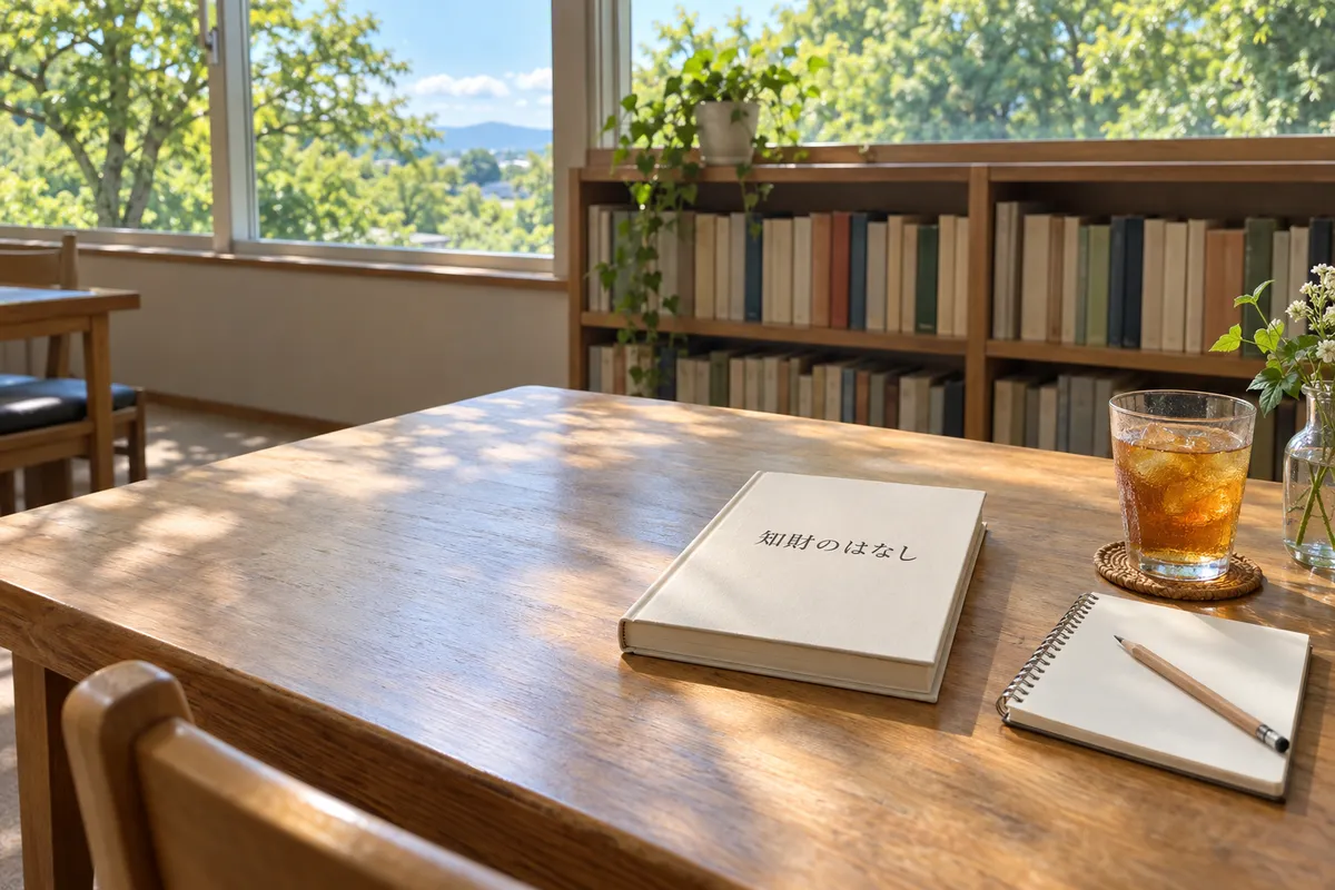 「知財のはなし」の本と麦茶が置かれた図書館の閲覧席