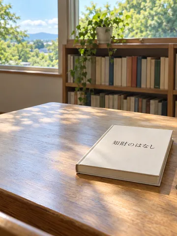 「知財のはなし」の本と麦茶が置かれた図書館の閲覧席