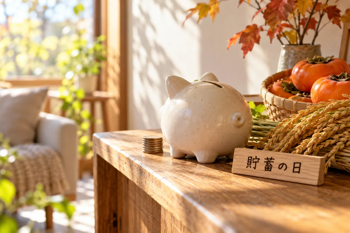 貯金箱と柿、稲穂が並ぶ日なたの棚