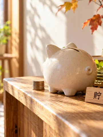 貯金箱と柿、稲穂が並ぶ日なたの棚