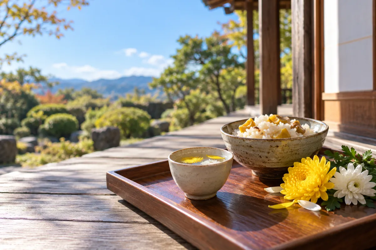 縁側の菊酒と菊の花、栗ご飯