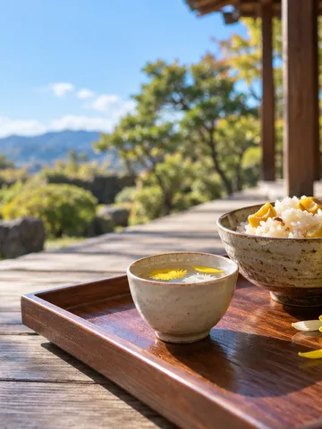 縁側の菊酒と菊の花、栗ご飯