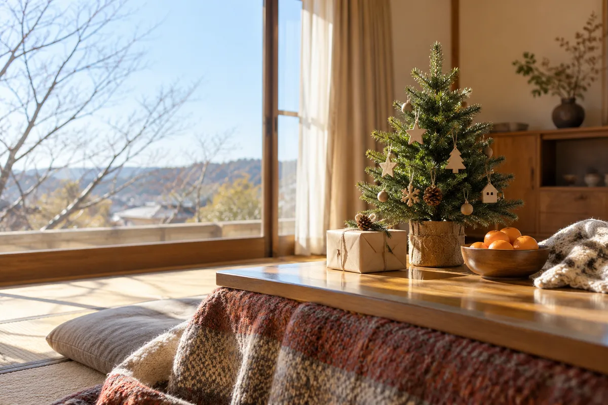 こたつの上の小さなクリスマスツリーとみかん