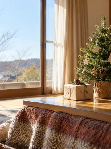 こたつの上の小さなクリスマスツリーとみかん