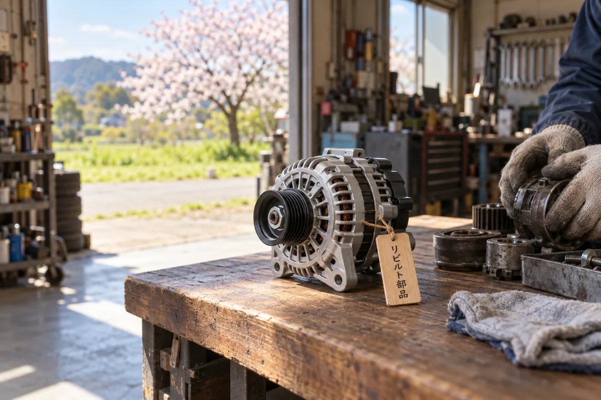 整備工場の作業台に置かれたリビルト部品と木の札