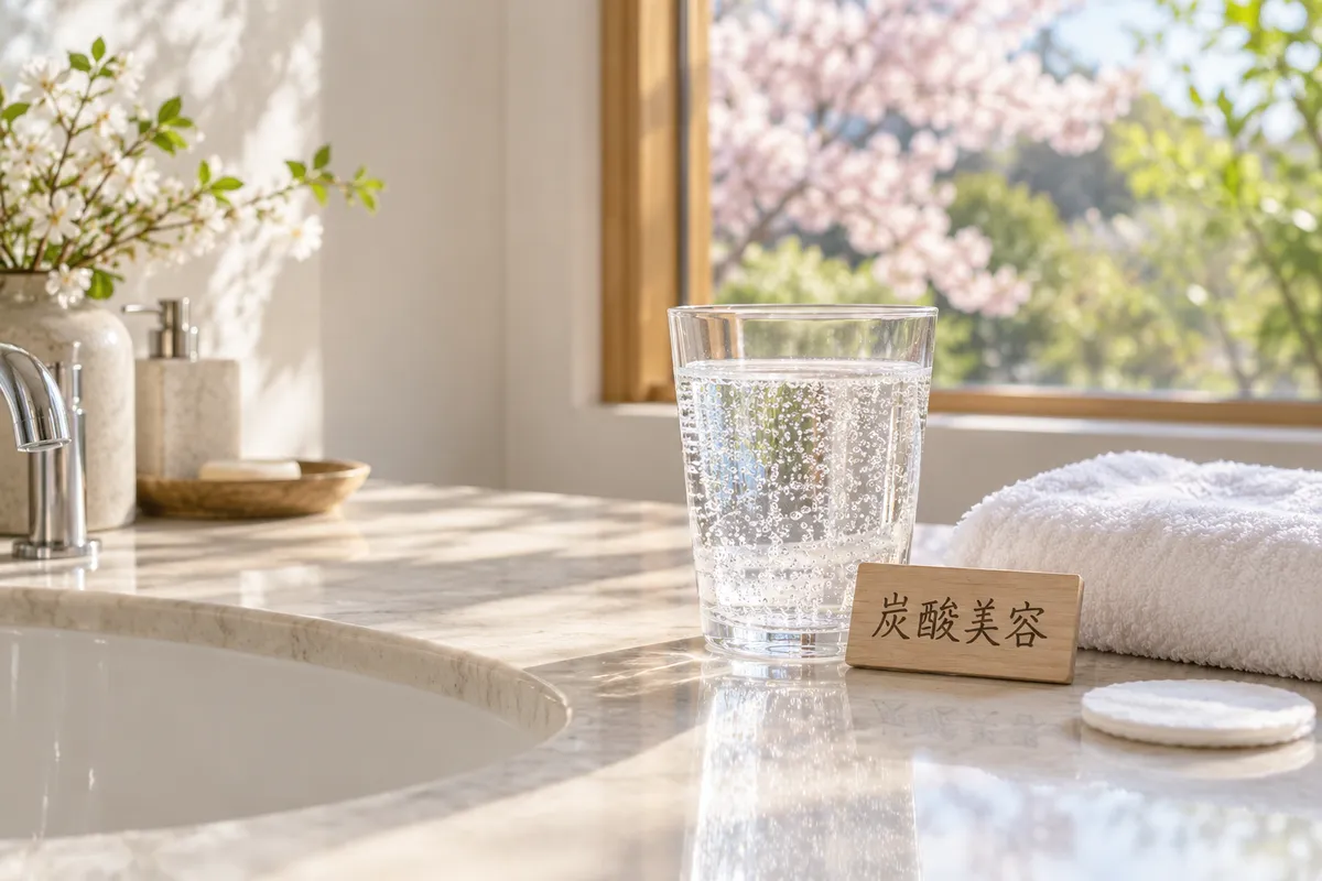 炭酸水のグラスと「炭酸美容」の木札がある洗面台