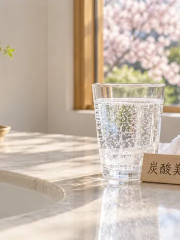 炭酸水のグラスと「炭酸美容」の木札がある洗面台