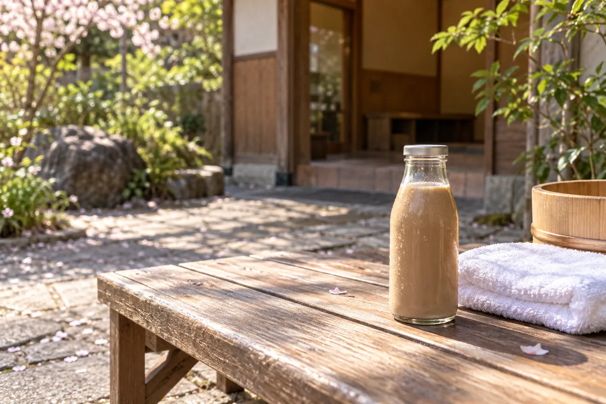 日なたのベンチに置かれた珈琲牛乳の瓶とタオル