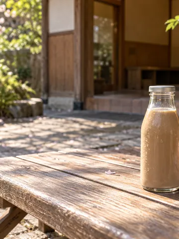 日なたのベンチに置かれた珈琲牛乳の瓶とタオル