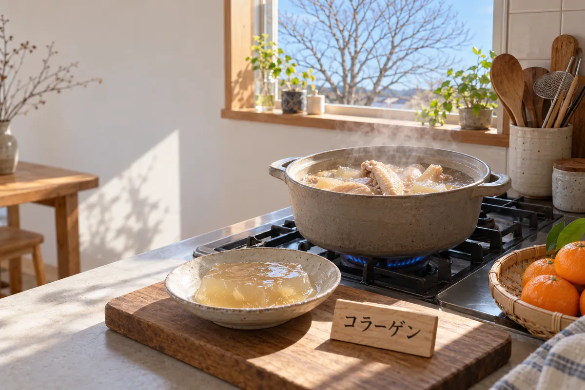 湯気の立つ手羽先の煮物と煮こごり、コラーゲンの木札