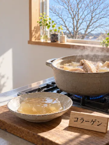 湯気の立つ手羽先の煮物と煮こごり、コラーゲンの木札