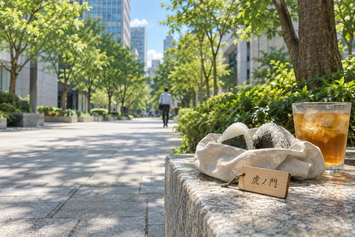昼の日差しの街路のベンチに置かれた「虎ノ門」の木札