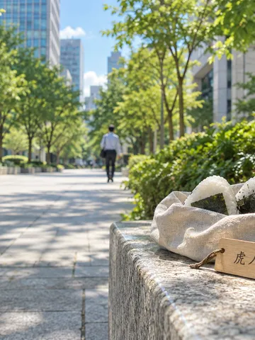 昼の日差しの街路のベンチに置かれた「虎ノ門」の木札