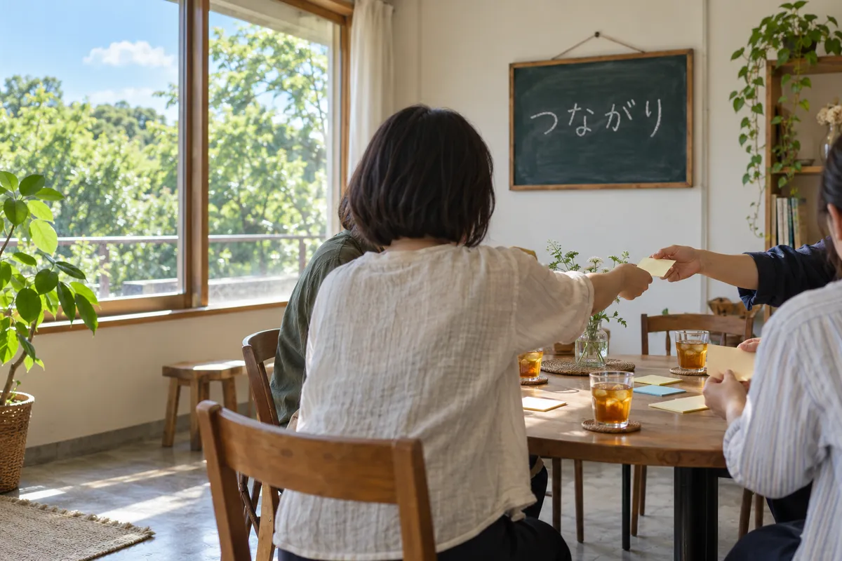 黒板に「つながり」と書かれた交流の場の丸テーブル