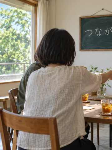 黒板に「つながり」と書かれた交流の場の丸テーブル