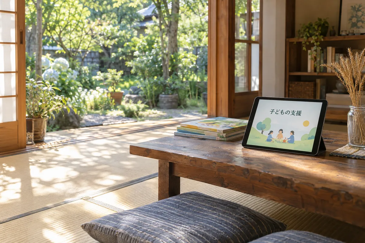 「子どもの支援」の画面と絵本、麦の穂が並ぶ明るい部屋