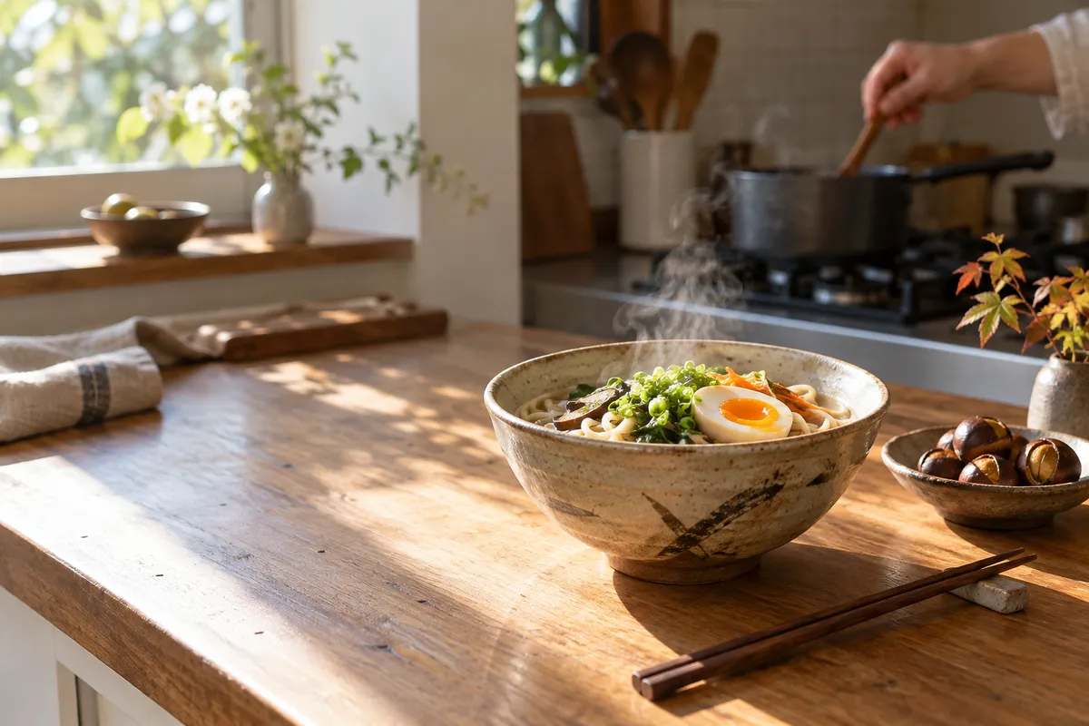 野菜と卵をのせた湯気の立つ麺の器と台所