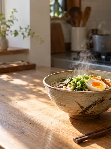 野菜と卵をのせた湯気の立つ麺の器と台所