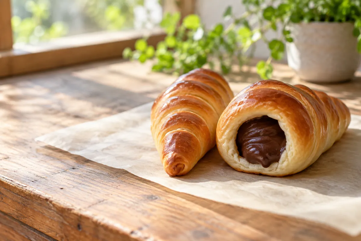 木のカウンターに並ぶ二つのチョココロネ