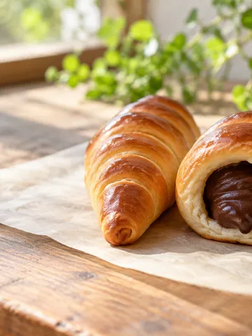 木のカウンターに並ぶ二つのチョココロネ