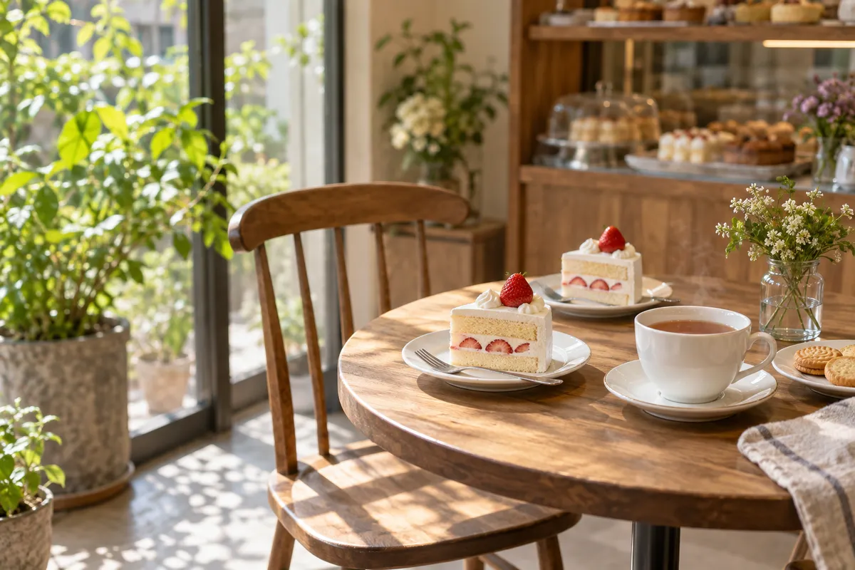 日なたの洋菓子店でケーキと紅茶を楽しむ席