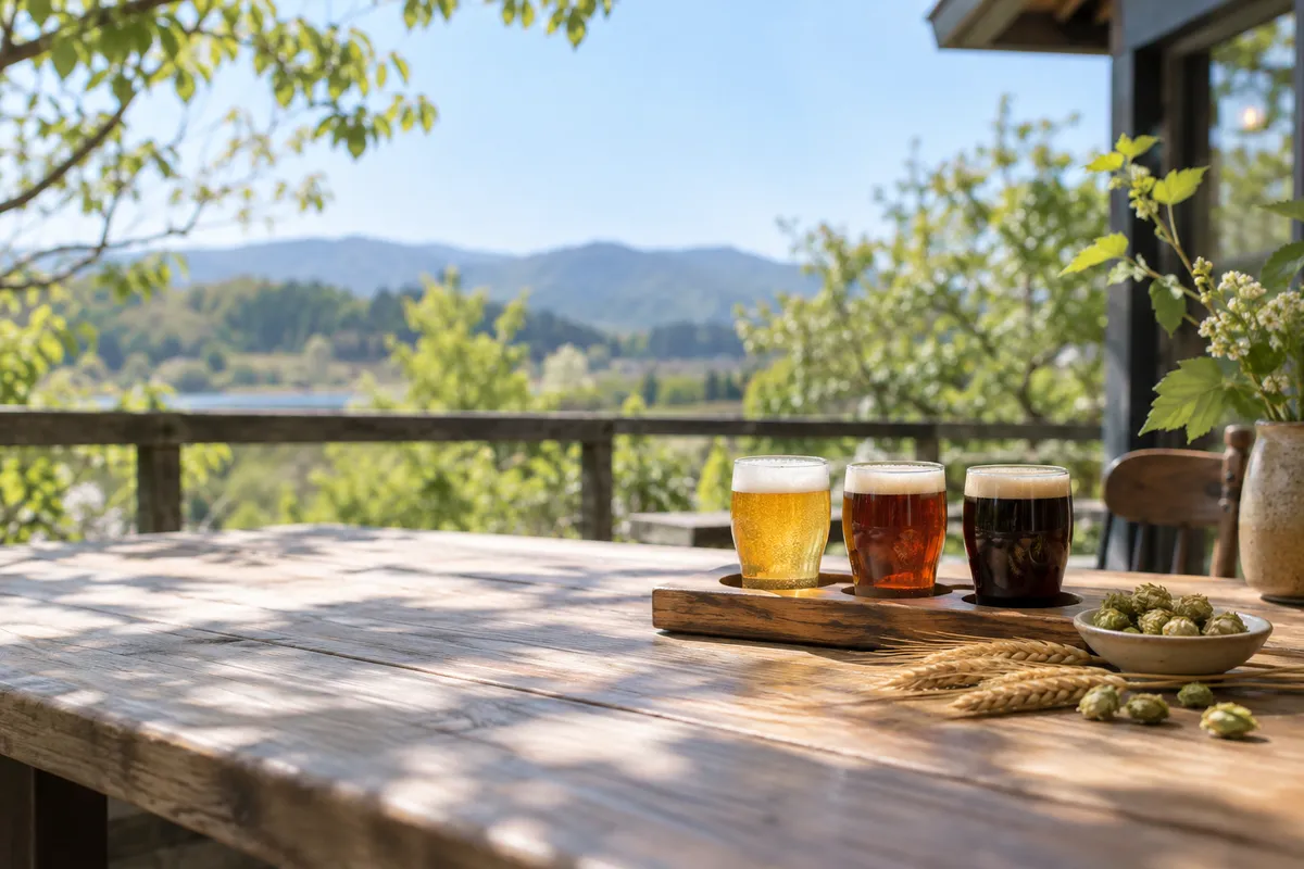 日なたのテラス席に並ぶ3色のビールと麦の穂