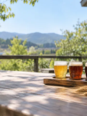 日なたのテラス席に並ぶ3色のビールと麦の穂