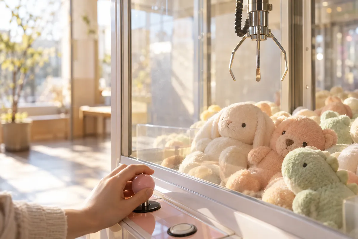 日差しの中、ぬいぐるみの上で開くクレーンゲームのアーム