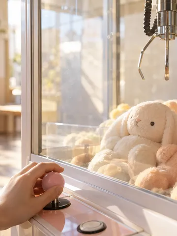 日差しの中、ぬいぐるみの上で開くクレーンゲームのアーム