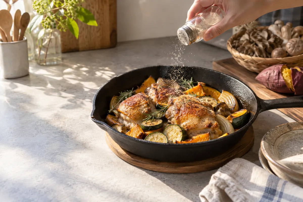 フライパンの焼いた肉に調味料を振る手元