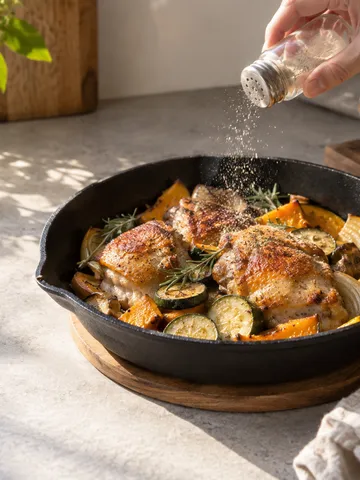フライパンの焼いた肉に調味料を振る手元