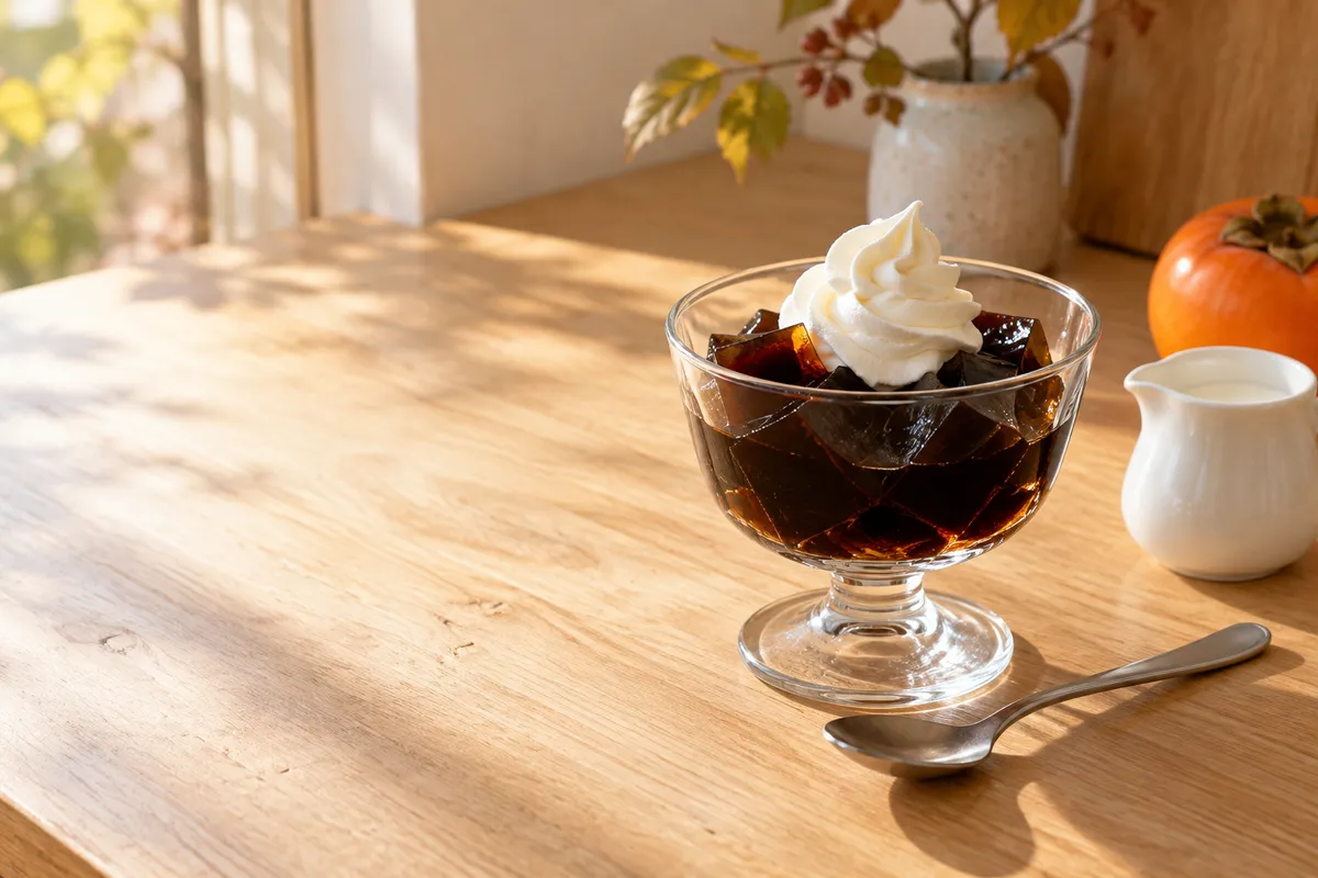クリームをのせたコーヒーゼリーのカップ