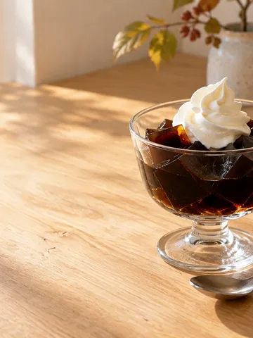 クリームをのせたコーヒーゼリーのカップ
