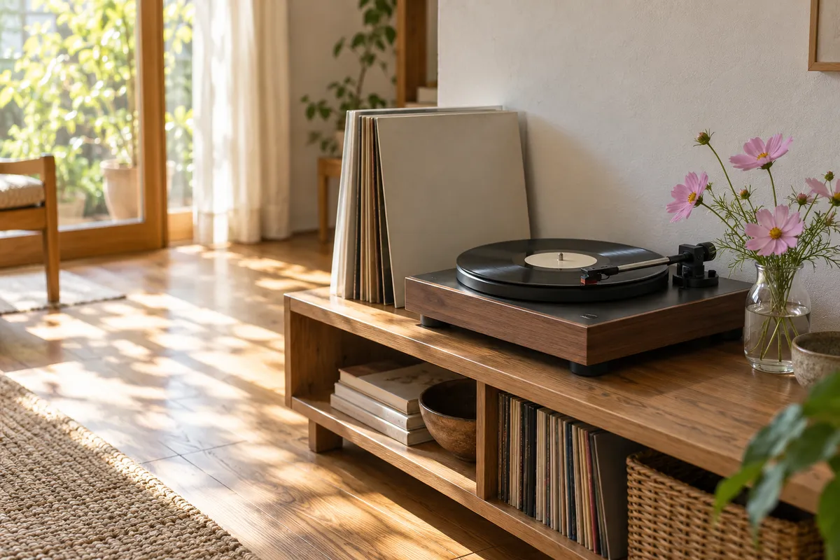 陽光の差す部屋で回るレコードとコスモス