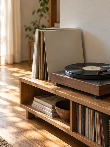 陽光の差す部屋で回るレコードとコスモス