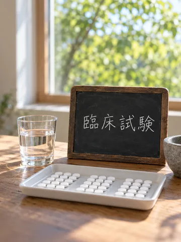 小さな黒板と整然と並ぶ白い錠剤の列