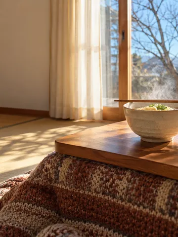 こたつの上の湯気の立つ麺の器とみかん