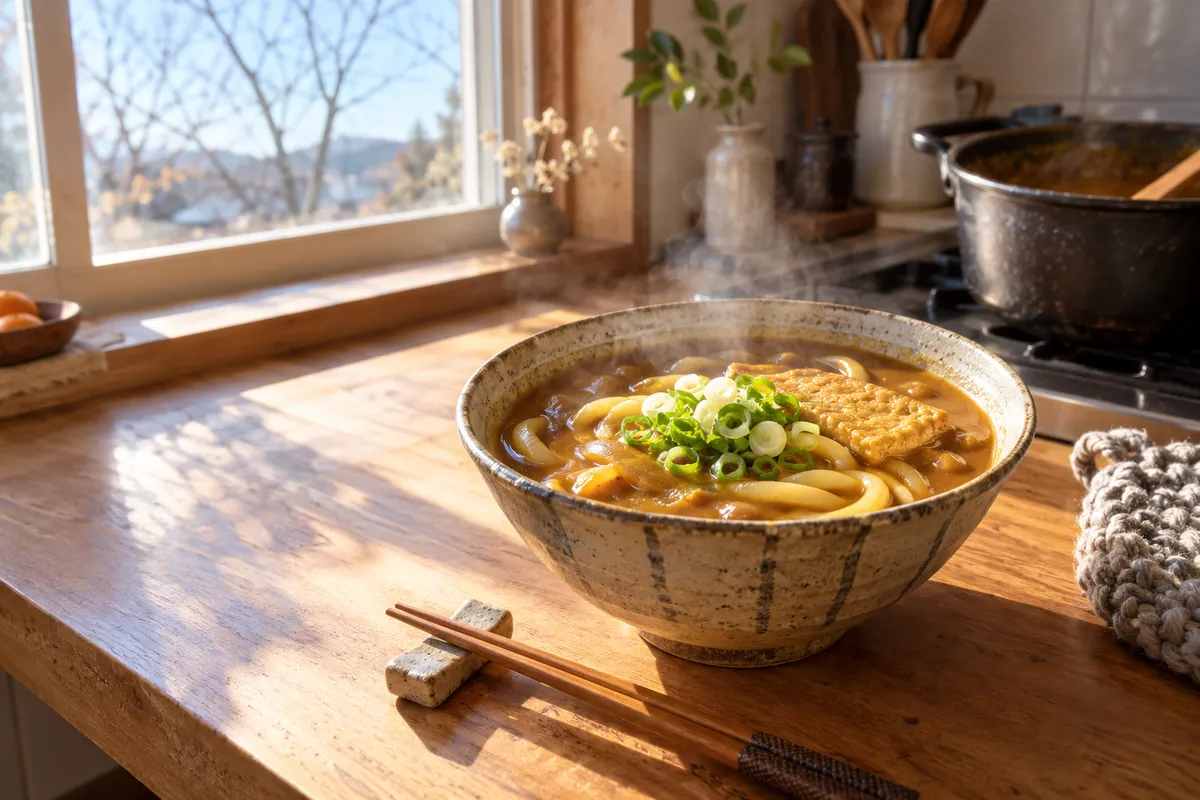 湯気の立つカレーうどんと台所の鍋