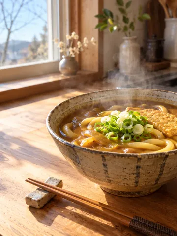 湯気の立つカレーうどんと台所の鍋
