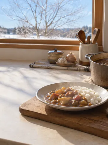 鍋で煮込むカレーとカレーライスの皿
