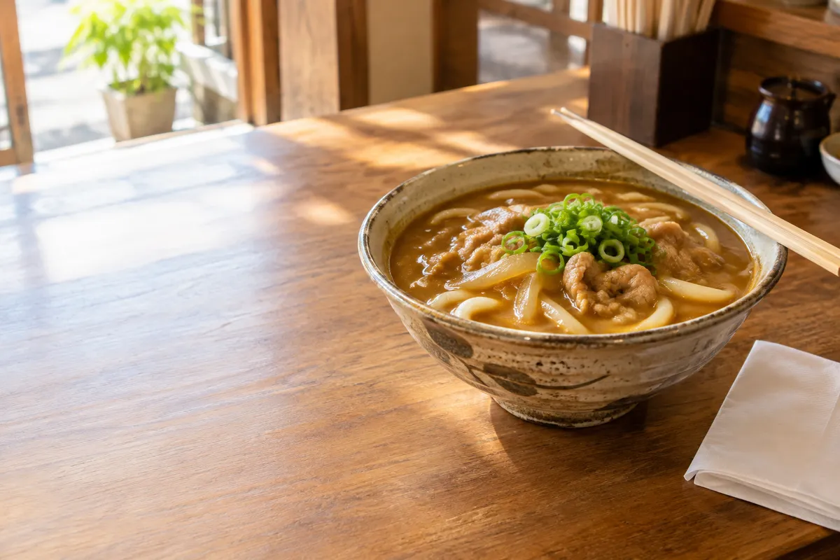 木のカウンターに置かれたカレーうどんの器と箸