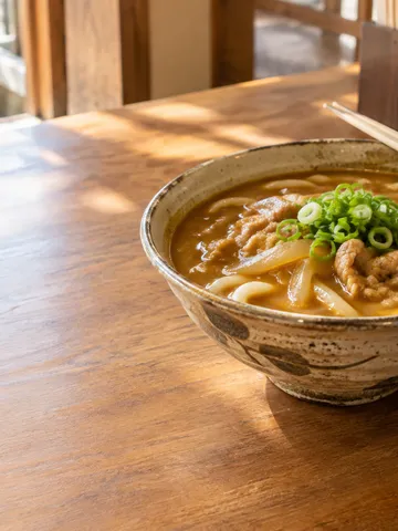 木のカウンターに置かれたカレーうどんの器と箸