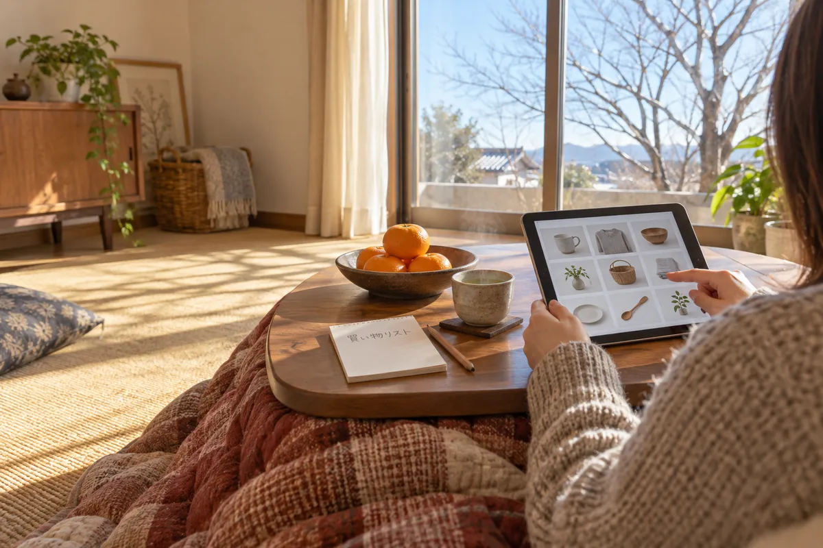 こたつの上のタブレットと買い物リストのメモ