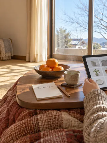こたつの上のタブレットと買い物リストのメモ