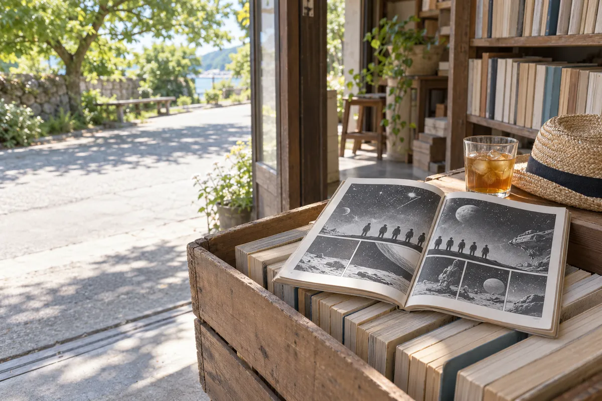 古書店の木箱に置かれた、架空のSF漫画が開かれた雑誌